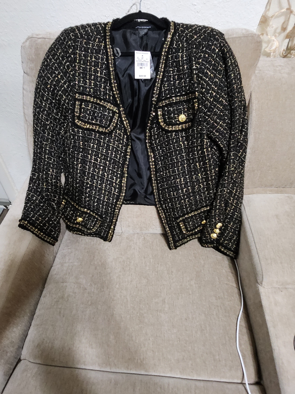Ashley Stewart Black Tweed Jacket with Gold Accents
